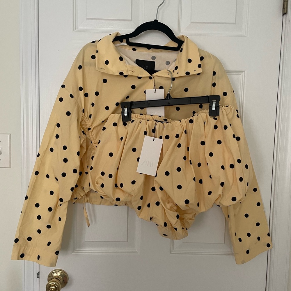 Brand New Zara Yellow Polka Dot Jacket and matching skirt .